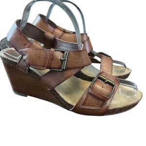 Crown Vintage Womens Stacked Wedge Strappy Sandals Brown Open Toe sz 9.5